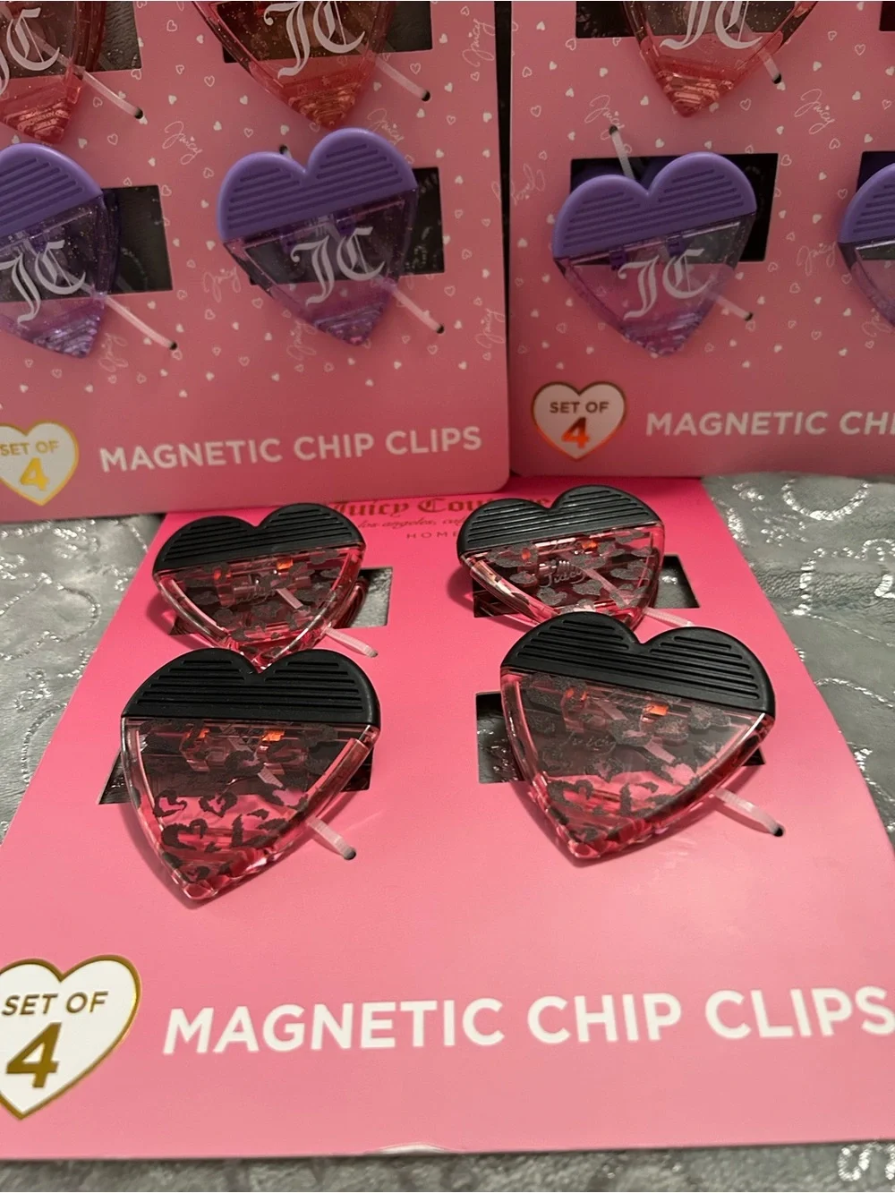 NWT Juicy Couture Heart Magnetic Chip Clips - Hot Pink, Lavender & Black